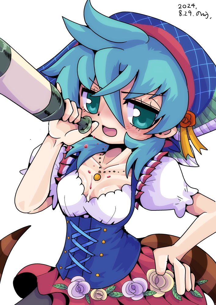 1girl, alternate_costume, asymmetrical_skirt, blue_corset, blue_eyes, blue_hair, blush, bottle