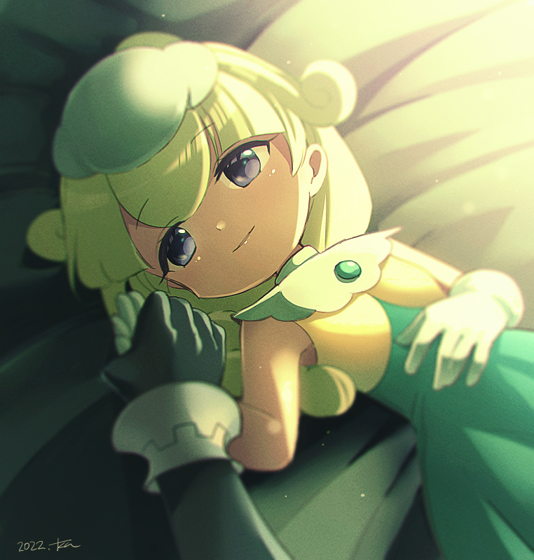 1boy, 1girl, black_gloves, burippoi, closed_mouth, collar, dated, double-parted_bangs, dress, film_grain, flat_chest, fur_hat, gloves, hair_flaps, hand_grab, hand_on_own_stomach, hat, holding_hands, light_particles, light_smile, long_hair, lying, marle_(puyopuyo), mini_hat, on_back, out_of_frame, puyopuyo, puyopuyo_tetris_2, sidelighting, signature, solo_focus, squares_(puyopuyo), sunlight, turtleneck, white_collar, white_gloves, white_hat