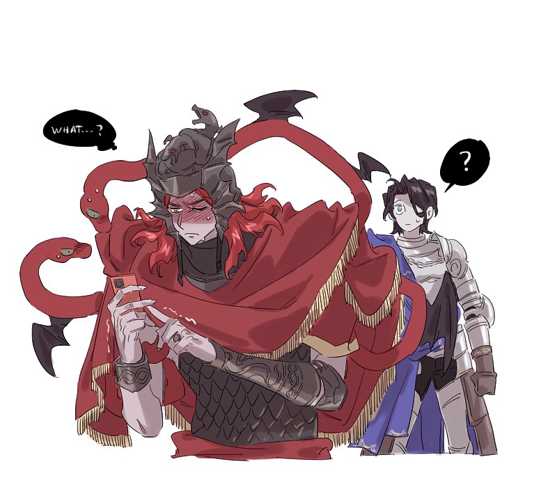 1boy, 1girl, ?, armor, blush, bracelet, cellphone, clenched_hand
