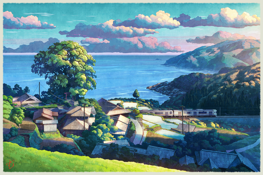 blue_sky, border, clouds, commentary_request, day, grass, horizon, house, landscape, mugumo_24k, multiple_unit_train, no_humans, ocean, original, power_lines, railing, railroad_tracks, rice_paddy, rooftop, scenery, shore, shrine, sky, stairs, train, tree, utility_pole