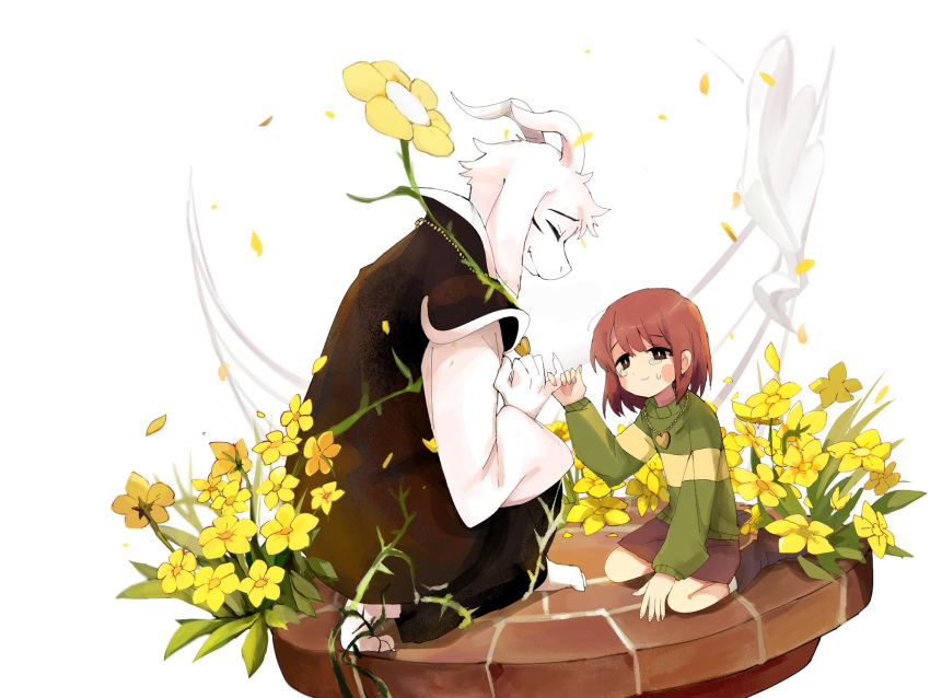 1boy, 1other, animal_ears, arm_support, asriel_dreemurr, asriel_dreemurr_(god_of_hyperdeath), barefoot, brick_floor