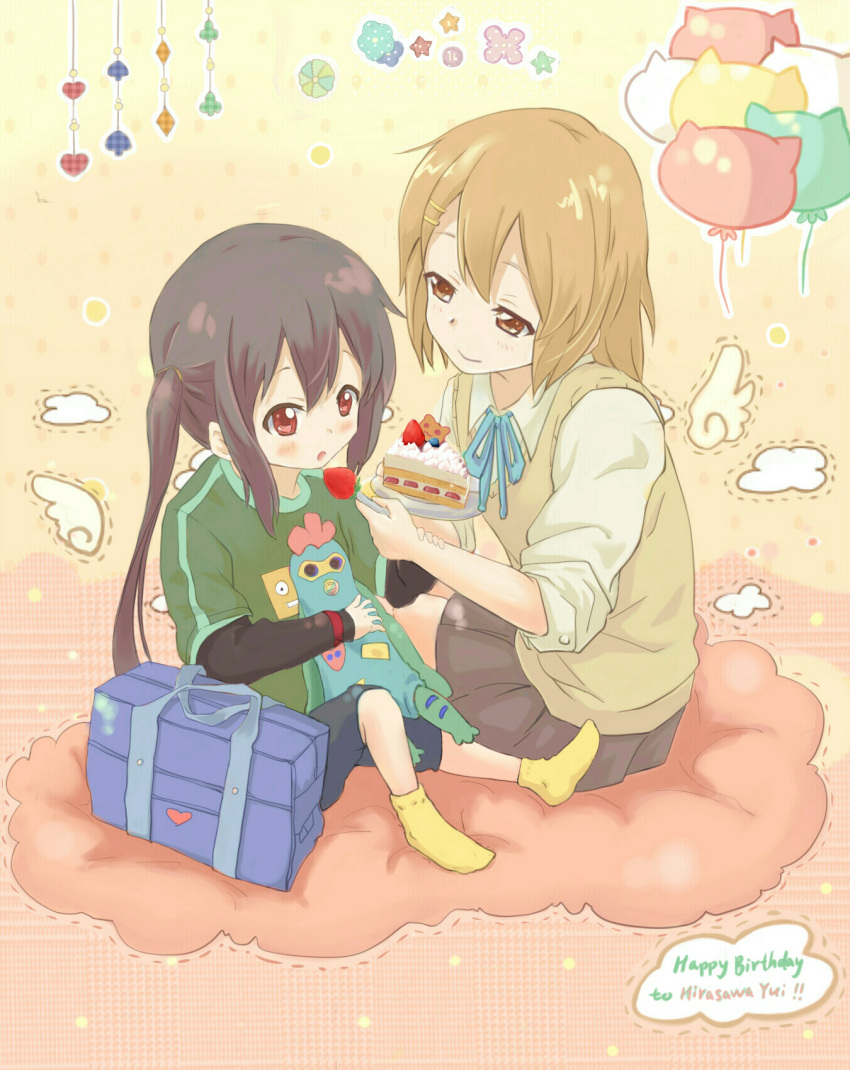 balloon, black_hair, brown_eyes, brown_hair, cake, doll, food, footwear
