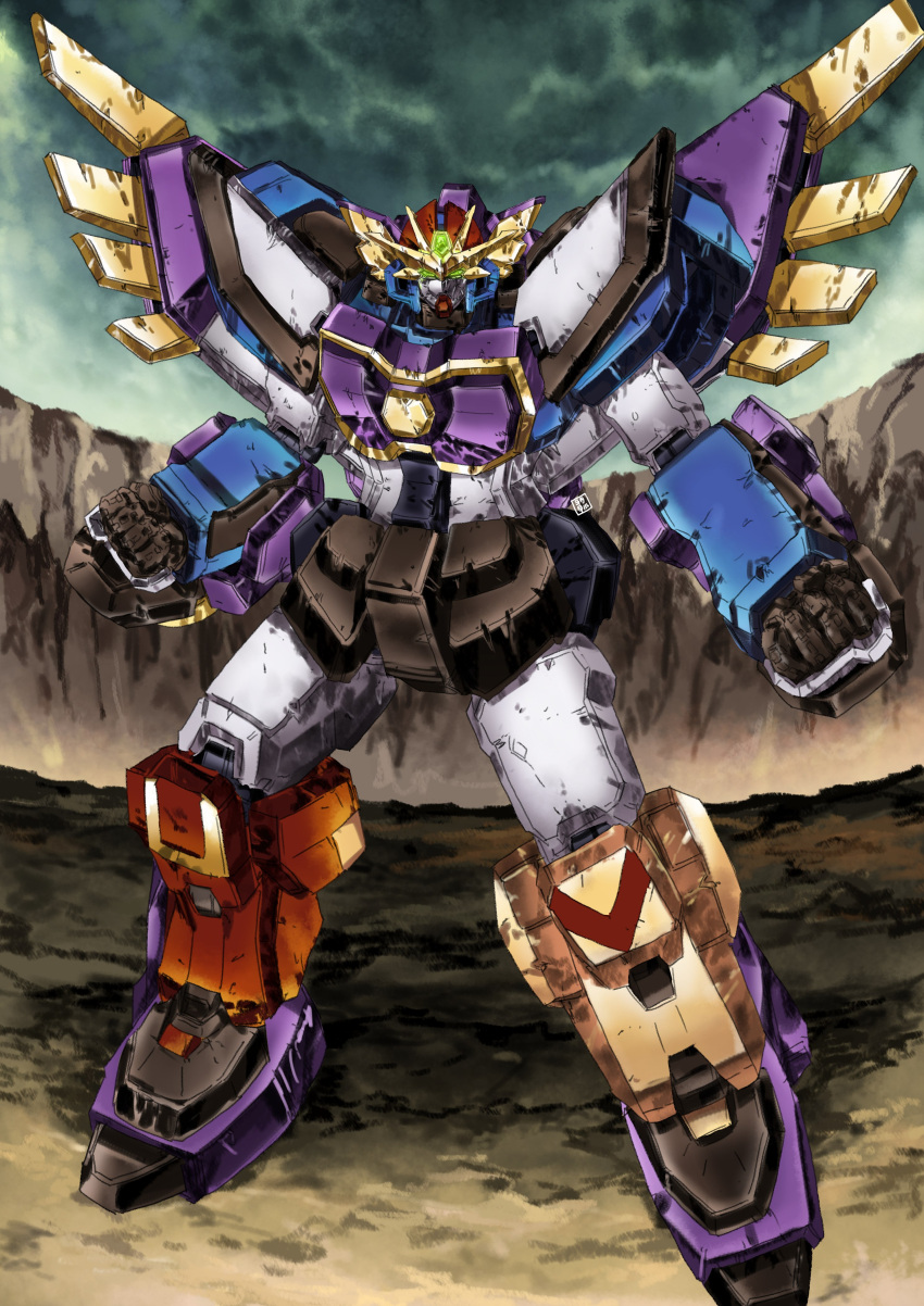 absurdres, clenched_hands, clouds, cloudy_sky, garimpeiro, great_grand_braver, green_eyes, highres, looking_at_viewer, mayoi_neko_overrun!, mecha, mecha_focus, no_humans, outdoors, robot, science_fiction, sky, super_robot, v-fin