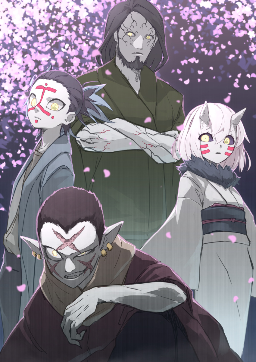 1girl, 3boys, black_hair, black_sclera, blue_kimono, cherry_blossoms, closed_mouth, colored_sclera