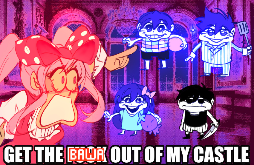 2girls, 3boys, angry, aqua_dress, aubrey_(headspace)_(omori), aubrey_(omori), ball, black_eyes