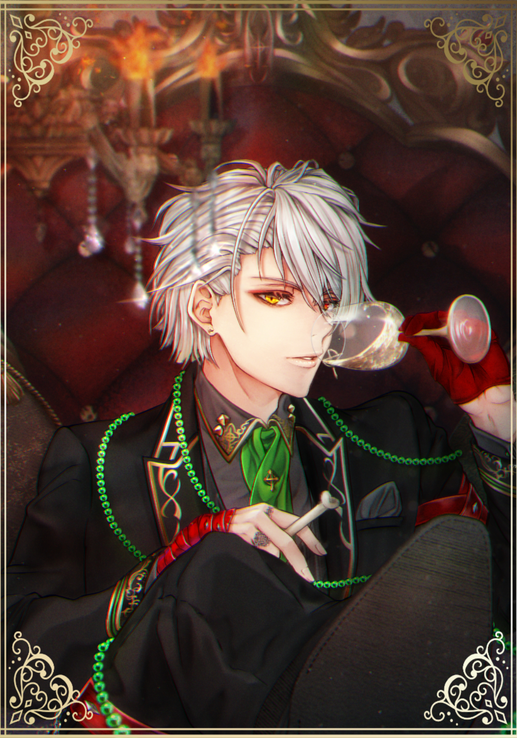 1boy, alice39r, black_suit, collared_shirt, cup, drinking_glass, formal, gloves