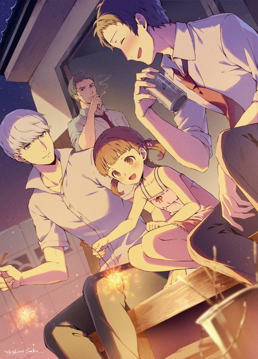 1girl, 3boys, adachi_tooru, alcohol, beer_can, black_hair, black_pants, blush