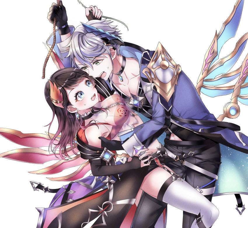 1boy, 1girl, absurdres, belt, black_gloves, black_pants, brown_hair, coat