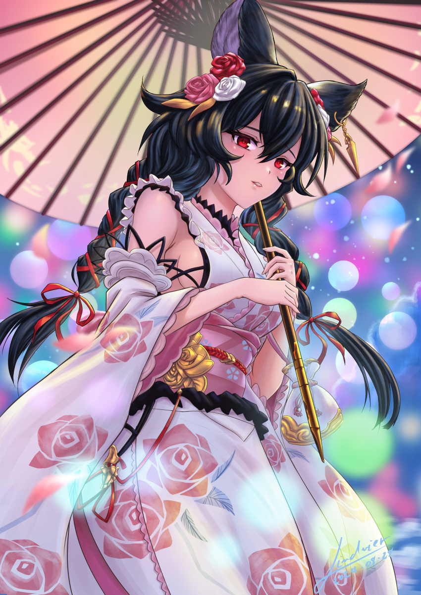1girl, absurdres, animal_ear_piercing, bags_under_eyes, braid, erune, floral_print, floral_print_kimono, flower, granblue_fantasy, hair_flower, hair_ornament, highres, holding, holding_umbrella, japanese_clothes, kimono, legendpoon, nier_(granblue_fantasy), nier_(yukata)_(granblue_fantasy), obi, official_alternate_costume, parasol, pink_flower, pink_kimono, pink_rose, print_kimono, red_flower, red_rose, rose, sash, solo, twin_braids, umbrella, white_flower, white_rose, yukata