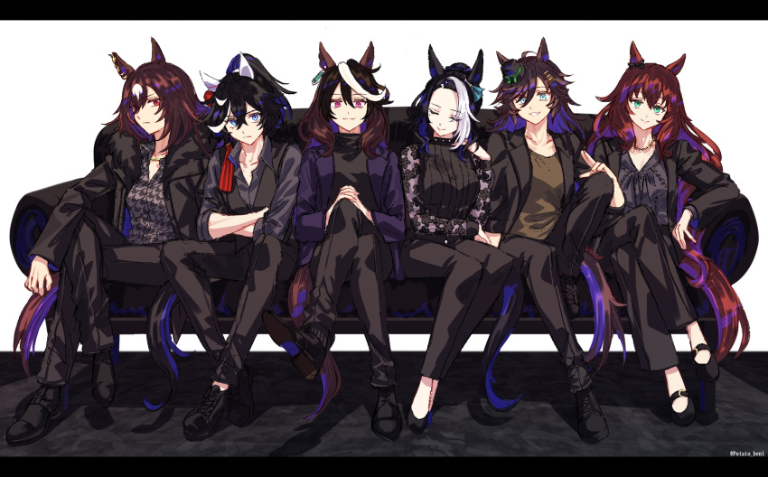 6+girls, ahoge, alternate_costume, animal_ears, black_footwear, black_hair, black_jacket, black_pants
