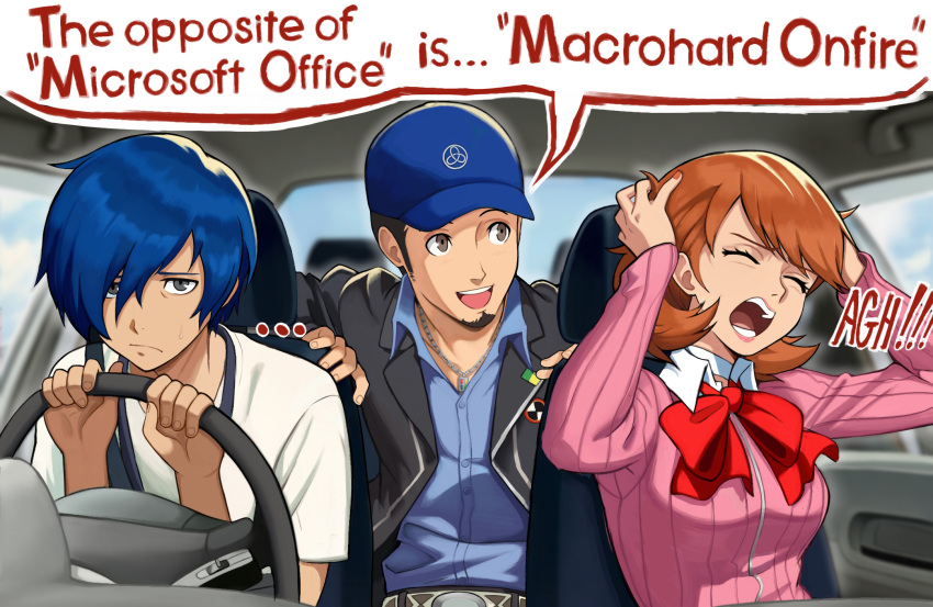 1girl, 2boys, black_eyes, black_jacket, blue_hair, blue_hat, blue_shirt, bow