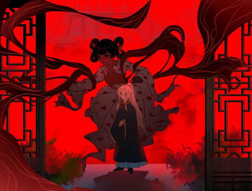 1boy, 1girl, bai_ling_(touqi_guaitan), black_coat, chinese_clothes, chinese_commentary, coat, commentary_request, freckles, glasses, hagoromo, hair_rings, hanfu, highres, kunlou, long_hair, long_sleeves, lu_jingu, ponytail, red_theme, semi-rimless_eyewear, shawl, short_hair, shuangyaji, sidelocks, touqi_guaitan, white_hair, white_hanfu, yellow_eyes