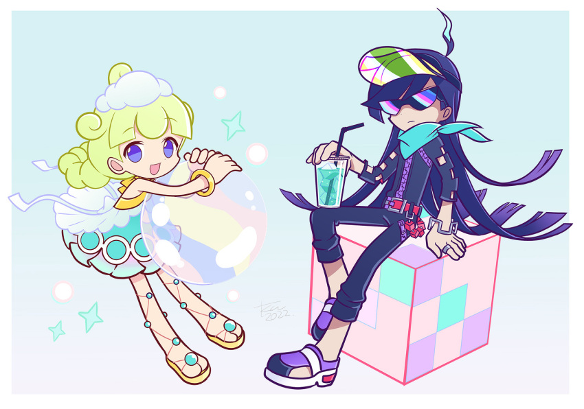 1boy, 1girl, :d, adapted_costume, ahoge, alternate_costume, aqua_bandana, aqua_dress