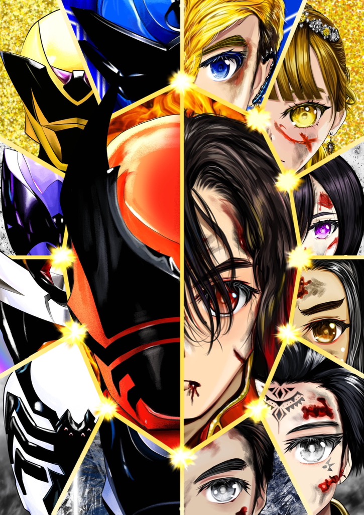 4ze_meteor, black_hair, blonde_hair, blood, blue_eyes, brown_eyes, character_request, ear_piercing