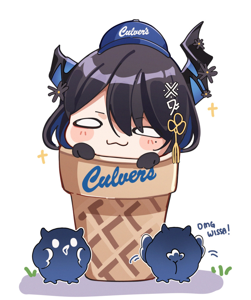 1girl, :3, absurdres, asymmetrical_horns, bird, black_gloves, blue_hat, culver's, demon_horns, gloves, hat, highres, hololive, hololive_english, horns, ice_cream_cone, jailbird_(nerissa_ravencroft), keisea, looking_at_viewer, nerissa_ravencroft, smile, virtual_youtuber, white_background