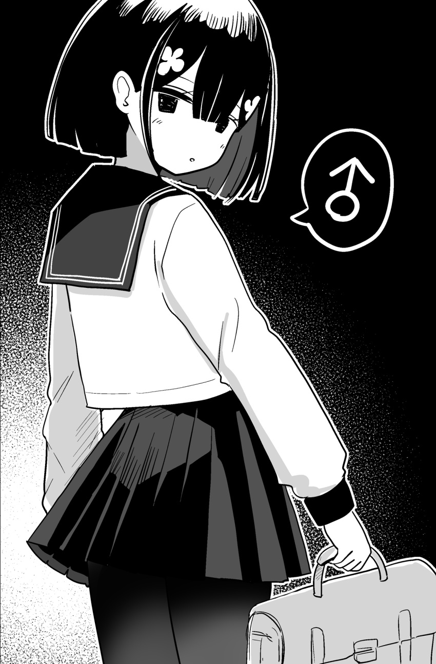 1boy, :o, bag, black_background, blush, center-flap_bangs, chabatavae, cowboy_shot, crossdressing, flower, from_behind, gradient_background, greyscale, hair_flower, hair_ornament, highres, long_sleeves, looking_at_viewer, male_focus, mars_symbol, miniskirt, monochrome, original, otoko_no_ko, pantyhose, pleated_skirt, sailor_collar, school_bag, school_uniform, serafuku, short_hair, sidelocks, skirt, solo, speech_bubble, standing, turning_head, white_background
