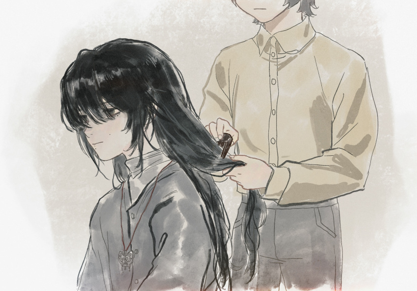 2boys, a_bo, black_eyes, black_hair, black_jacket, black_pants, brushing_another's_hair, brushing_hair