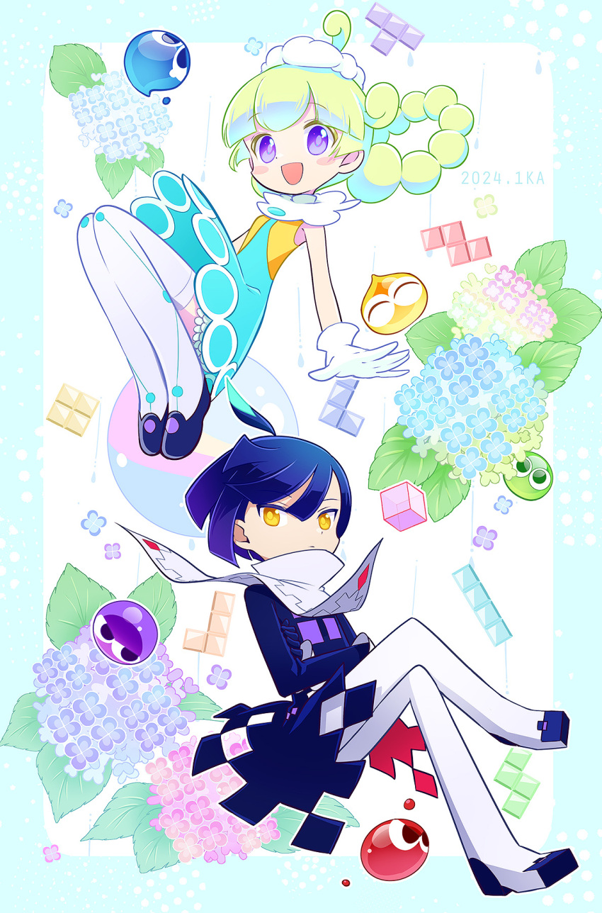 1boy, 1girl, ahoge, aqua_dress, arms_at_sides, black_coat, black_footwear, blue_border