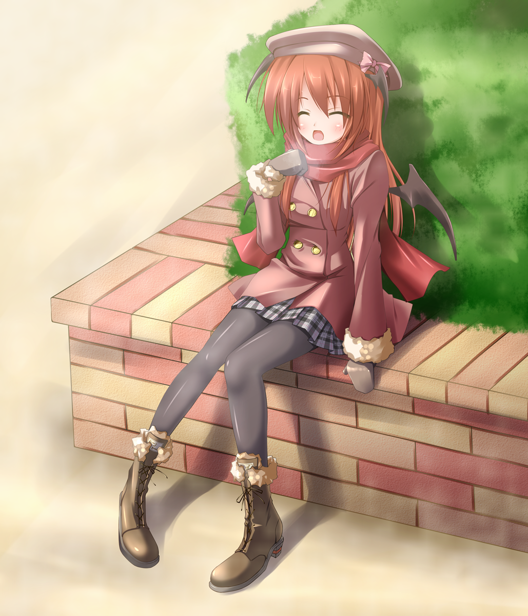 bat_wings, black_legwear, boots, coat, cross-laced_footwear, hat, head_wings, highres