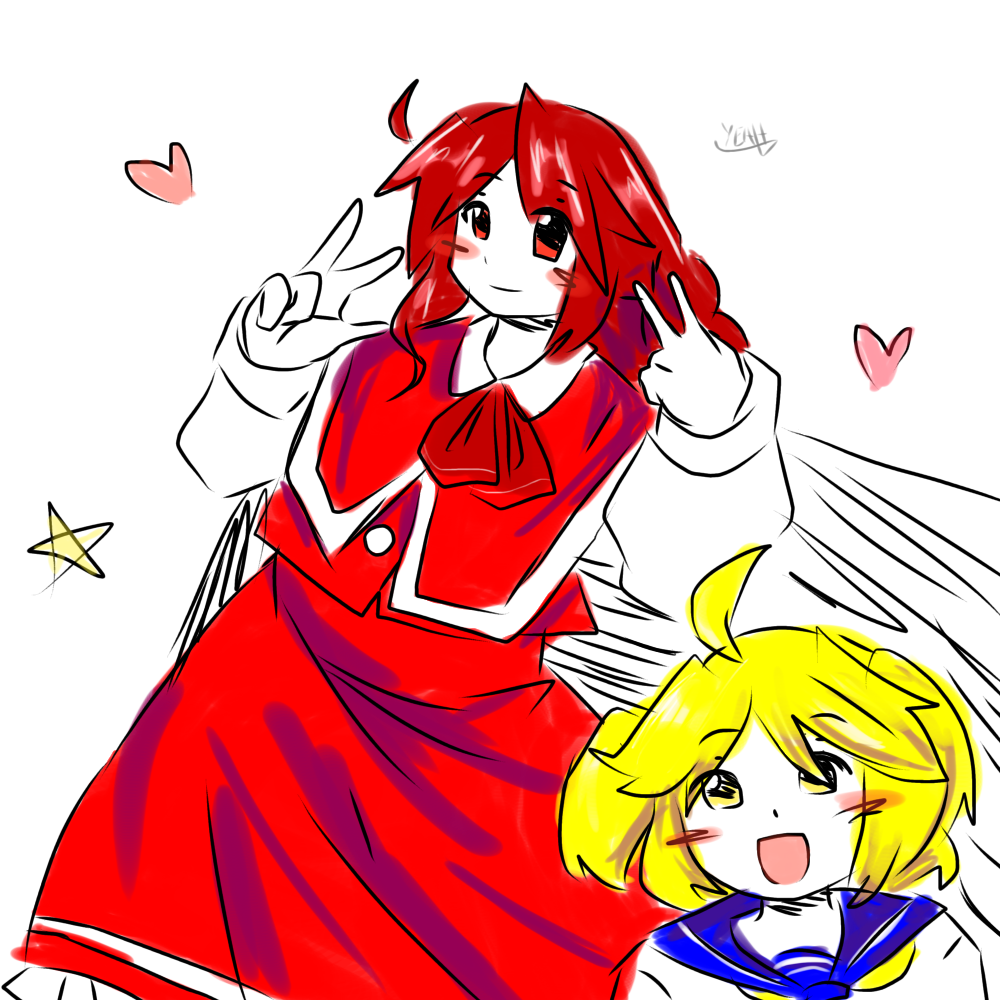blonde_hair, blue_sailor_collar, double_v, happy, kitashirakawa_chiyuri, light_smile, long_hair, looking_at_viewer, neck_ribbon, non-web_source, okazaki_yumemi, open_mouth, redhead, ribbon, sailor_collar, short_twintails, touhou, touhou_(pc-98), twintails, v, yeah