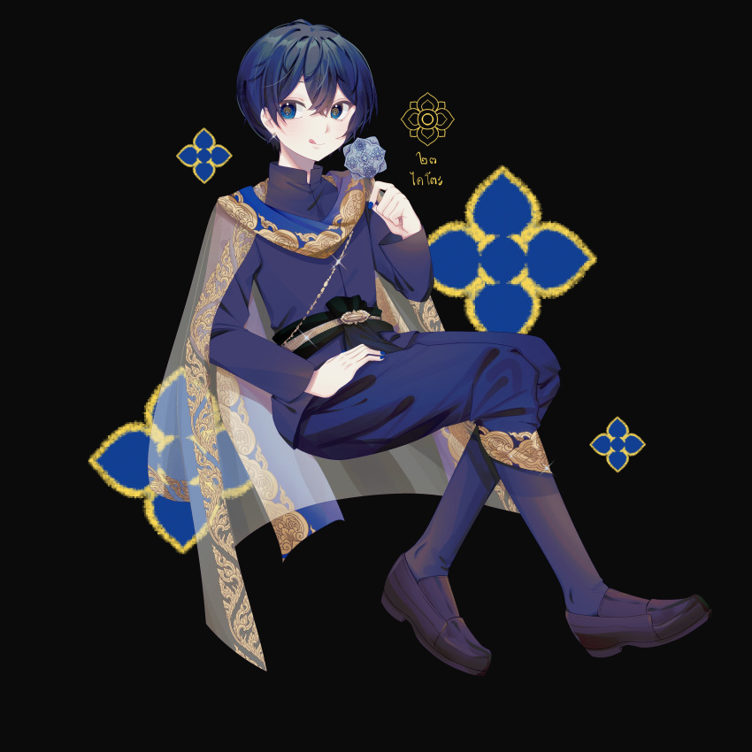 1boy, :d, absurdres, black_background, black_footwear, blue_eyes, blue_hair, blue_pants