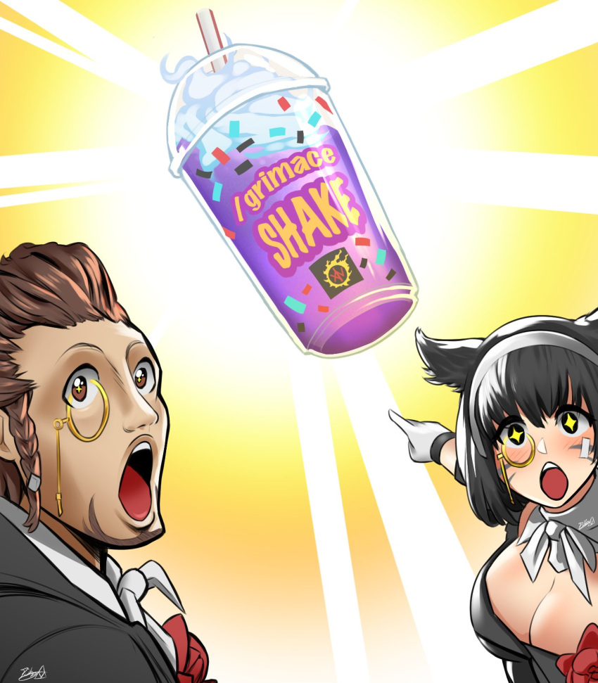 1boy, 1girl, :o, animal_ears, bandages, beard, black_hair, braid