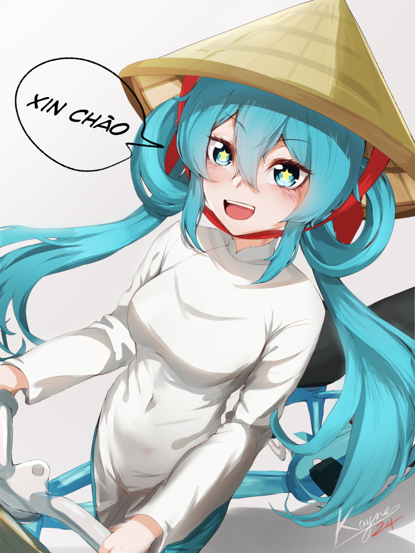 1girl, absurdres, aqua_eyes, aqua_hair, bicycle, breasts, dress, hat, hatsune_miku, highres, long_hair, long_sleeves, looking_at_viewer, medium_breasts, mr.kayne, open_mouth, riding, riding_bicycle, smile, solo, star-shaped_pupils, star_(symbol), symbol-shaped_pupils, tongue, twintails, vietnam, vietnamese_clothes, vietnamese_dress, vietnamese_text, vocaloid, white_dress