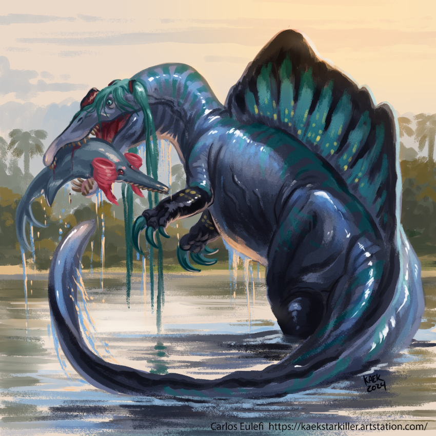 animal, animalization, aqua_hair, claws, clouds, cloudy_sky, day, dinosaur