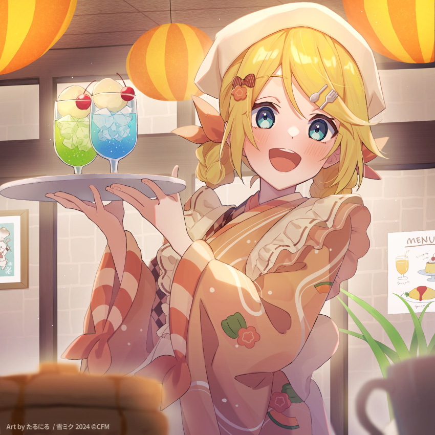 1girl, :d, alternate_hairstyle, back_bow, blonde_hair, blue_eyes, blush, bow, braid, cherry, cup, drinking_glass, food, fork_hair_ornament, frilled_kimono, frills, fruit, hair_between_eyes, hair_bow, hair_ornament, hands_up, highres, holding, holding_plate, ice, ice_cube, indoors, japanese_clothes, kagamine_rin, kimono, long_sleeves, orange_bow, orange_kimono, pancake, pancake_stack, plant, plate, rabu_(pixiv_38571565), smile, solo, spoon_hair_ornament, teeth, tongue, upper_body, upper_teeth_only, vocaloid, white_bow, wide_sleeves
