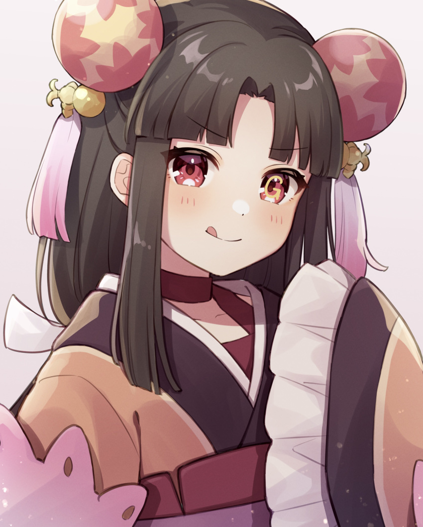 1girl, :q, absurdres, blunt_bangs, brown_hair, brown_kimono, closed_mouth, commentary_request