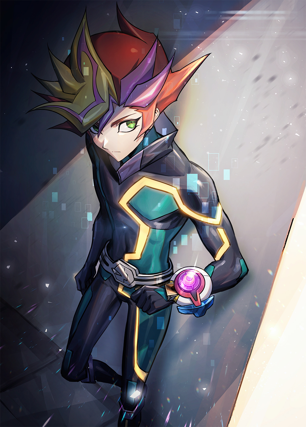 1boy, bboockss, belt, blonde_hair, bodysuit, clenched_hands, closed_mouth, duel_disk