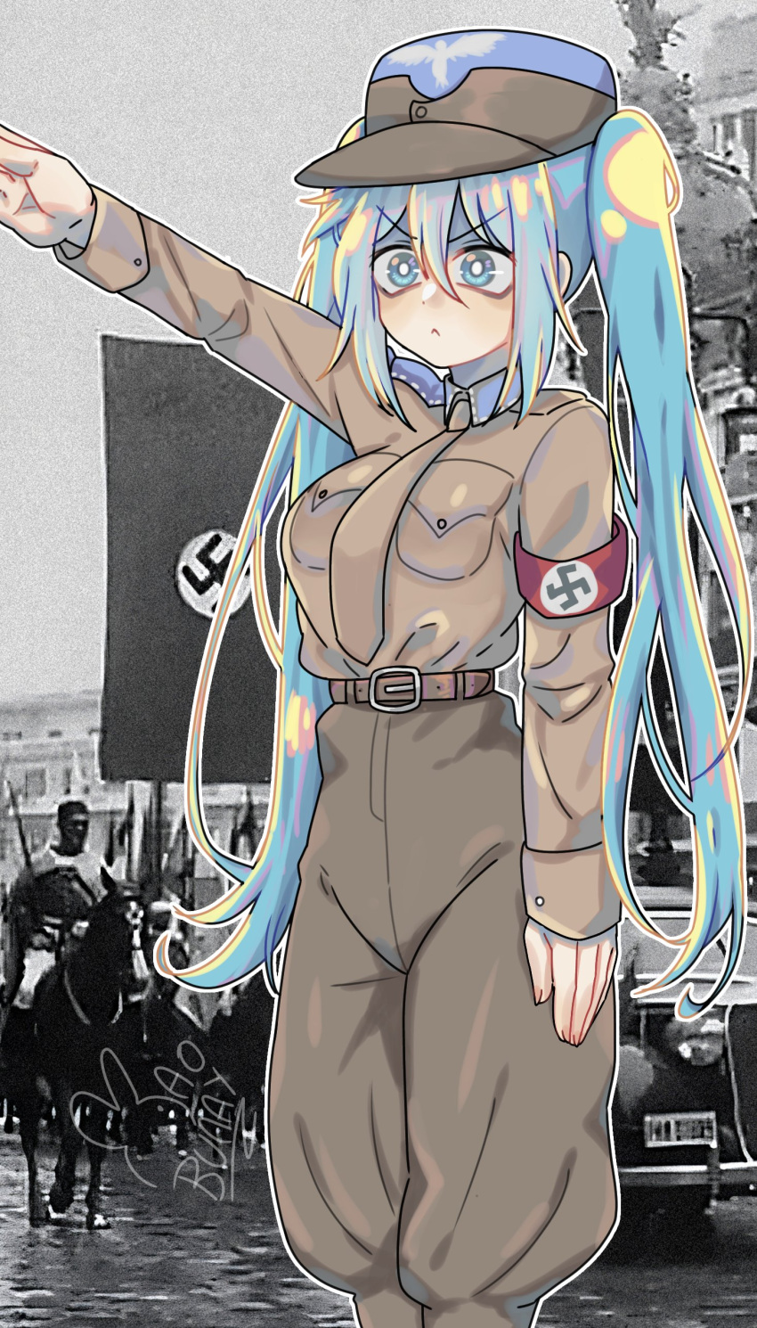 1girl, absurdres, aqua_eyes, aqua_hair, armband, banner, brown_necktie, brown_pants, brown_shirt, cat, collared_shirt, hat, hatsune_miku, highres, horse, horseback_riding, long_hair, mao_bunny, military_uniform, motor_vehicle, nazi, necktie, pants, peaked_cap, people, photo_background, red_armband, reichsadler, riding, salute, shirt, straight-arm_salute, swastika, twintails, uniform, vocaloid