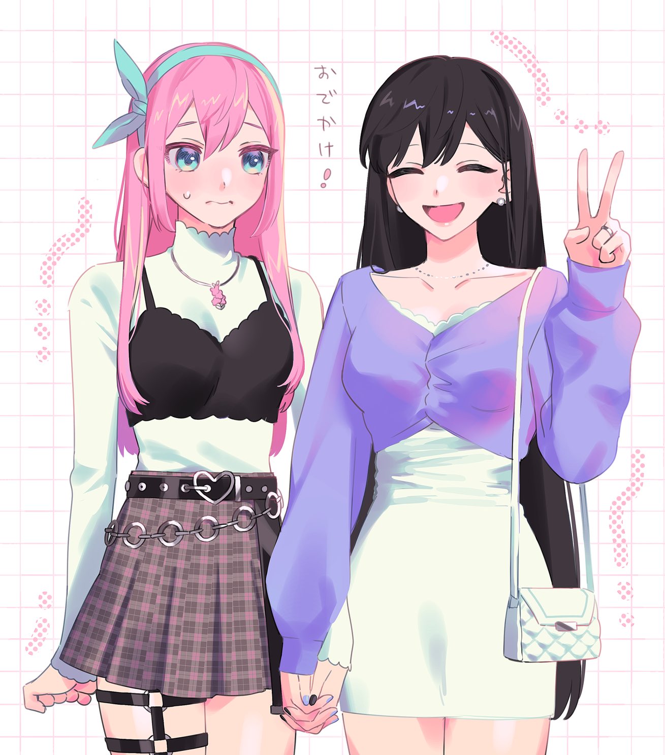 !, 2girls, ^_^, alternate_costume, aqua_eyes, aqua_hairband, arm_at_side, arms_at_sides