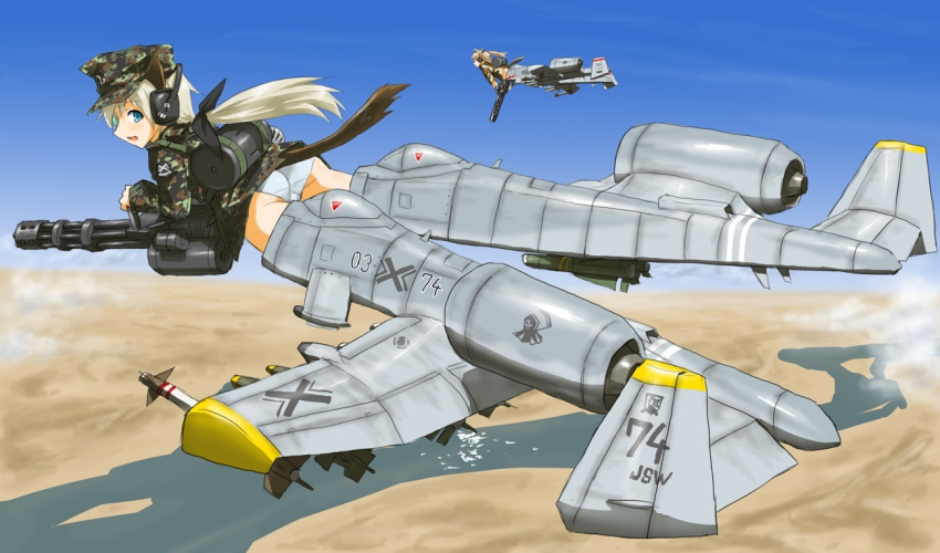 7.62x51mm_nato, airplane, animal_ears, blonde_hair, blue_eyes, commentary, desert, dillon_aero_m-134