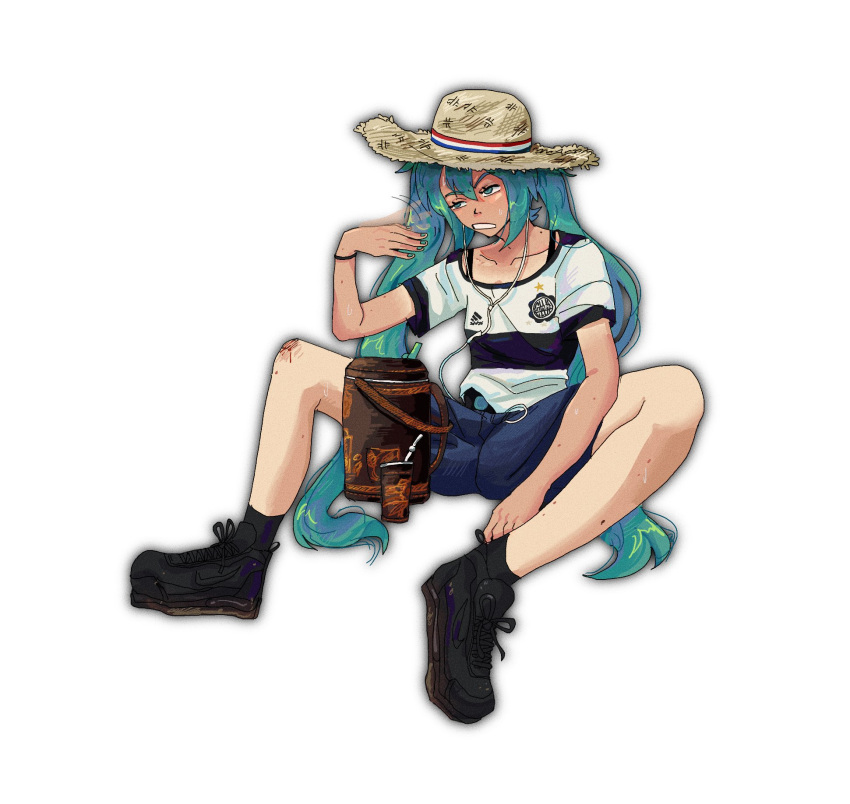 aqua_eyes, aqua_hair, aqua_nails, bare_legs, black_footwear, black_socks, blue_shorts, brown_bag, halesama, hat, hatsune_miku, highres, long_hair, paraguay, parted_lips, print_shirt, scraped_knee, shirt, shoes, shorts, simple_background, socks, spread_legs, straw_hat, striped_clothes, striped_shirt, sweat, twintails, very_long_hair, vocaloid, white_background