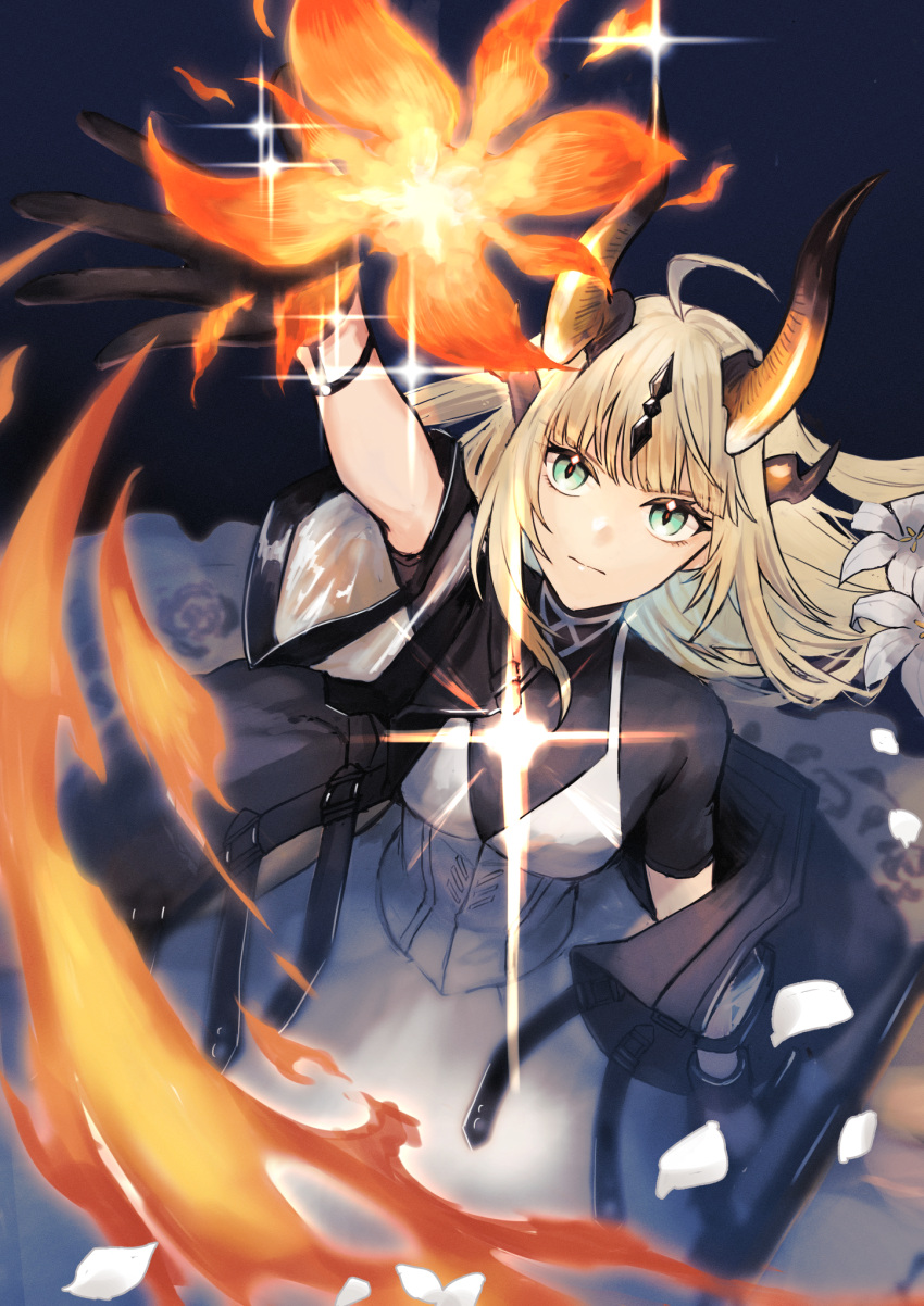 1girl, ahoge, arknights, black_horns, black_jackeet, blonde_hair, breasts, closed_mouth