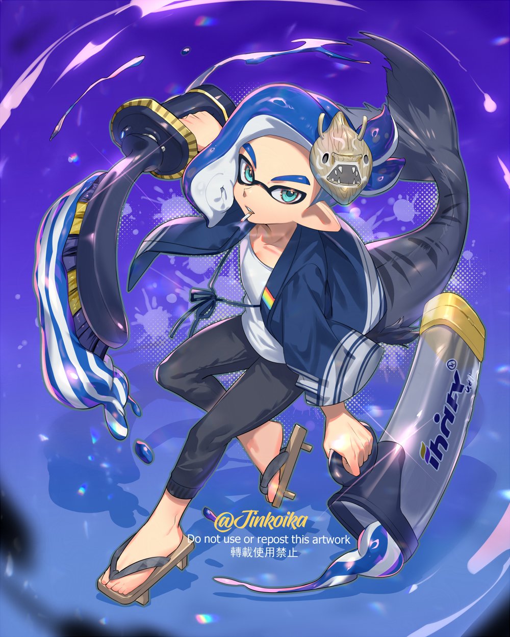 1boy, black_pants, blue_background, blue_eyes, blue_hair, cigarette, commentary_request, decavitator_(splatoon)