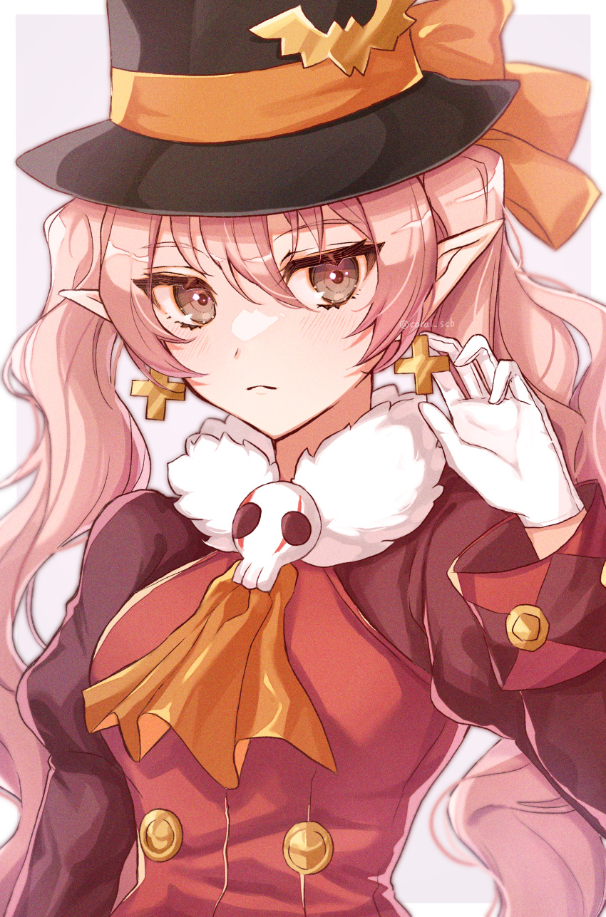 1girl, absurdres, ascot, bat_(animal), black_hat, breasts, brown_eyes, closed_mouth, commentary_request, cross, cross_earrings, dolce_(rune_factory), earrings, gloves, hair_between_eyes, hand_up, hat, highres, jewelry, long_hair, long_sleeves, looking_at_viewer, orange_ascot, pink_hair, pointy_ears, rune_factory, rune_factory_4, sindo_pink, skull, solo, top_hat, twintails, upper_body, white_gloves