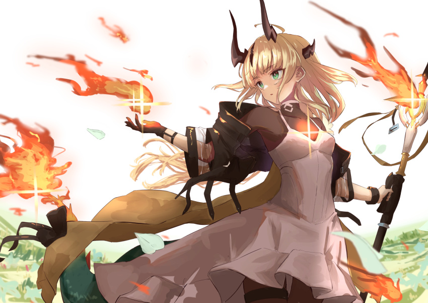1girl, ahoge, arknights, black_horns, black_jacket, black_pantyhose, black_shirt, blonde_hair, breasts, brown_horns, cowboy_shot, dragon_girl, dragon_horns, dragon_tail, dress, fiery_tail, fire, flame-tipped_tail, flower, gloves, green_eyes, highres, holding, holding_staff, horns, jacket, lamune_otohara, light_in_heart, long_hair, long_tail, multiple_horns, pantyhose, reed_(arknights), reed_the_flame_shadow_(arknights), shirt, solo, staff, tail, thigh_strap, white_dress