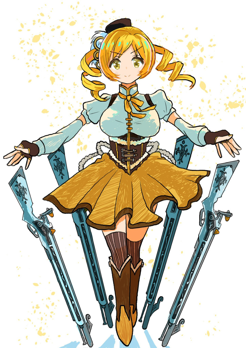 beret, black_hat, blonde_hair, boots, breasts, brown_corset, brown_footwear, brown_gloves, brown_thighhighs, commentary, corset, drill_hair, fingerless_gloves, full_body, gloves, gun, hair_ornament, hat, highres, juliet_sleeves, knee_boots, long_sleeves, looking_at_viewer, magical_girl, mahou_shoujo_madoka_magica, mahou_shoujo_madoka_magica_(anime), planted_gun, puffy_sleeves, shirt, skirt, smile, standing, striped_clothes, striped_thighhighs, thigh-highs, tomoe_mami, tomoe_mami_(magical_girl), twin_drills, weapon, white_shirt, yamai_(fjeopswvjrrpwmf), yellow_eyes, yellow_skirt