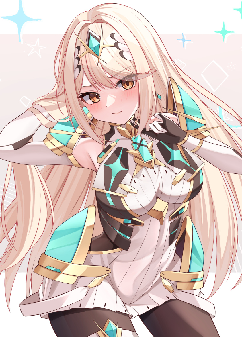 1girl, absurdres, arm_up, blonde_hair, blush, breasts, chest_jewel, earrings