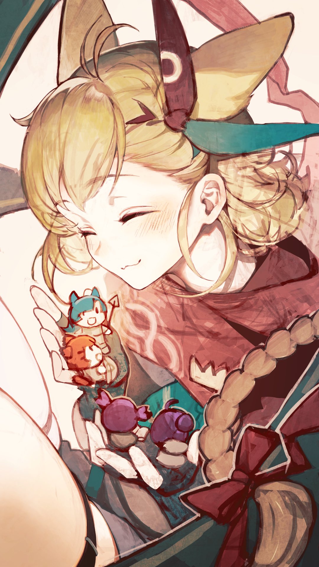:3, animal_ears, arknights, beagle_(arknights), blonde_hair, bow, braid, closed_eyes