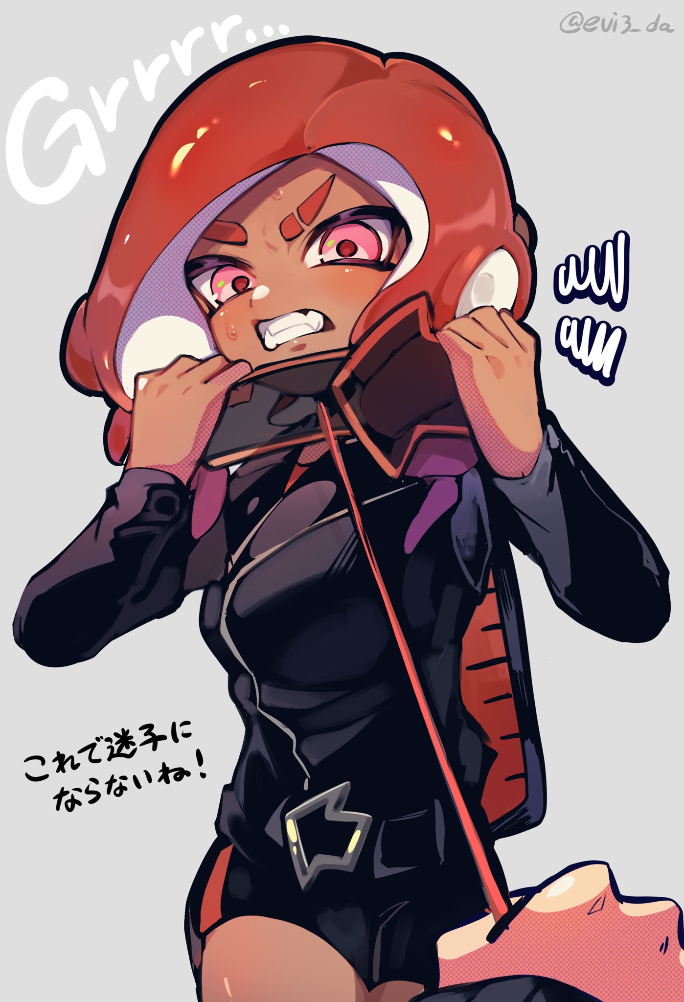 1girl, angle_shooter_(splatoon), angry, artist_name, bike_shorts, black_jacket, black_shorts, blush
