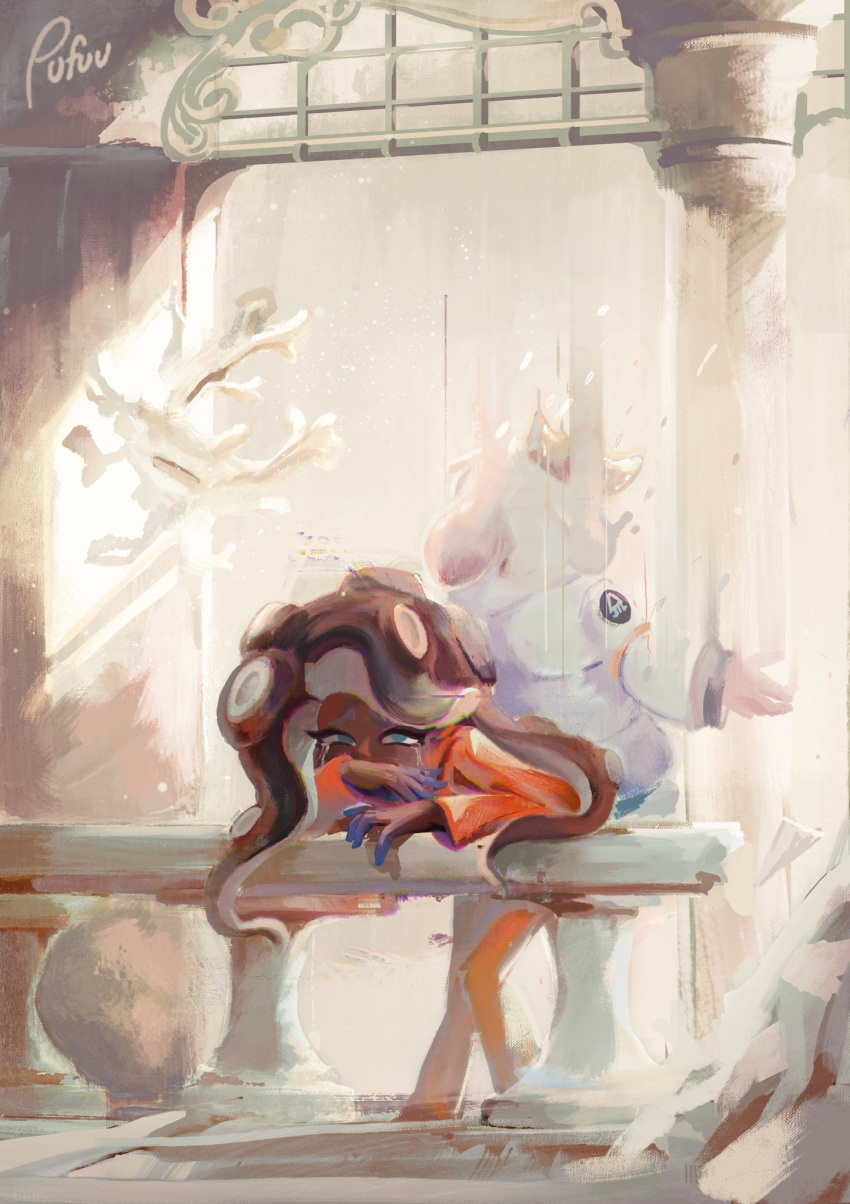 2girls, aqua_eyes, bent_over, black_hair, commentary, coral, crown, crying