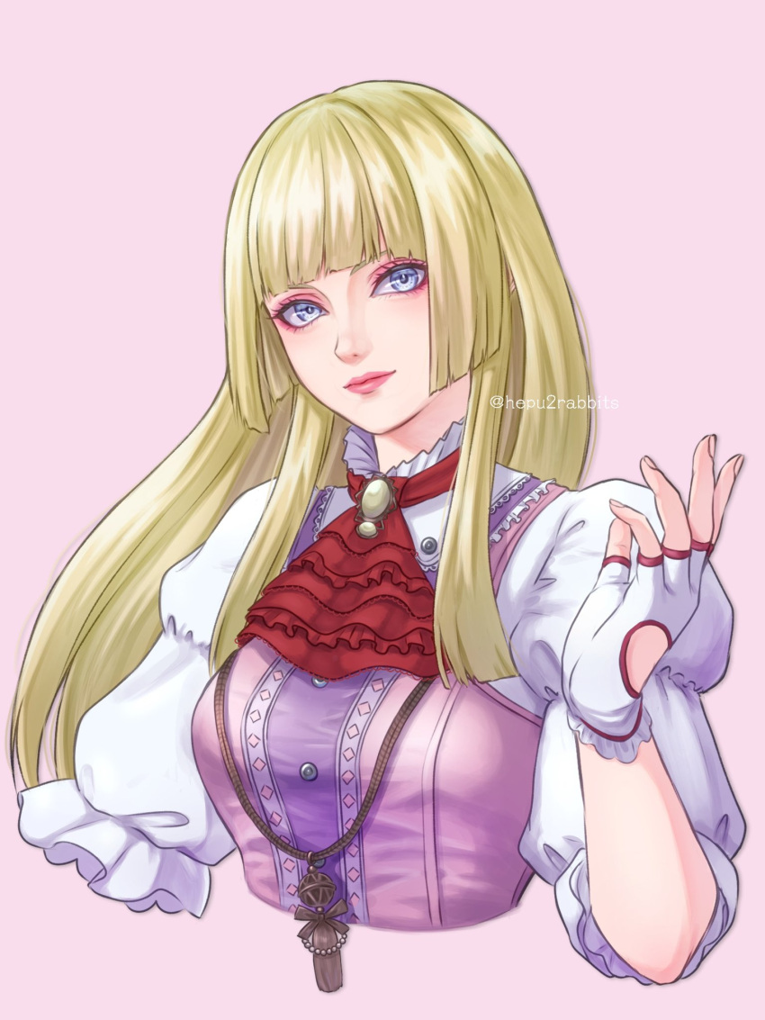 1girl, artist_name, ascot, blonde_hair, blunt_bangs, closed_mouth, commentary, cropped_torso, eyeshadow, fingerless_gloves, frilled_ascot, frills, gloves, hepu2rabbits_(epuusa), highres, lili_(tekken), long_hair, looking_at_viewer, makeup, pink_background, pink_eyeshadow, pink_lips, red_ascot, simple_background, smile, solo, tekken, tekken_8, twitter_username, white_gloves
