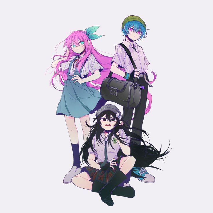 1boy, 2girls, \||/, alternate_costume, aqua_eyes, aqua_footwear, aqua_hair, aqua_hairband