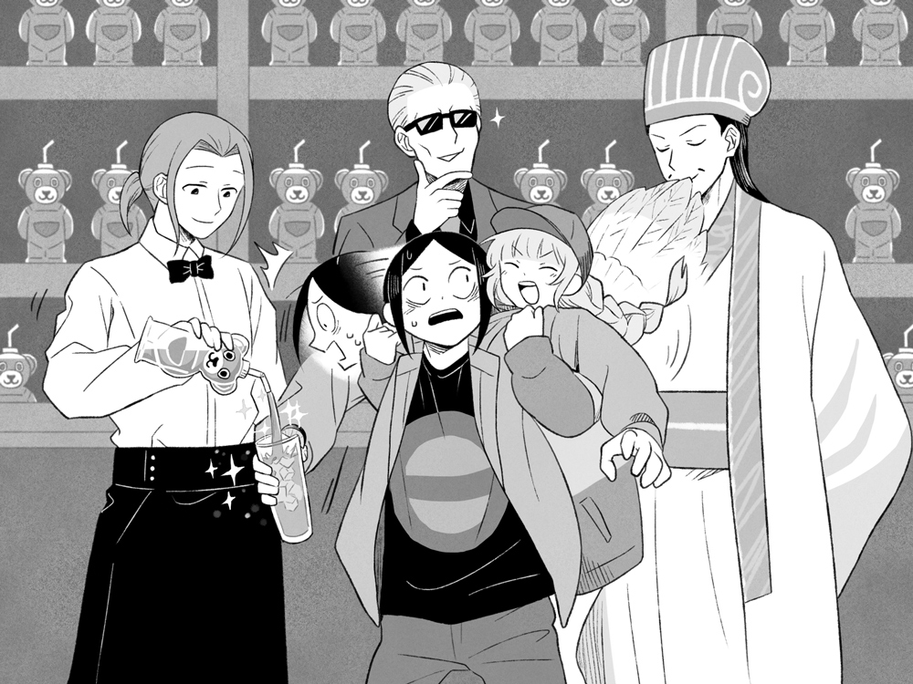 1girl, 4boys, :d, bags_under_eyes, baseball_cap, bow, bowtie, braid