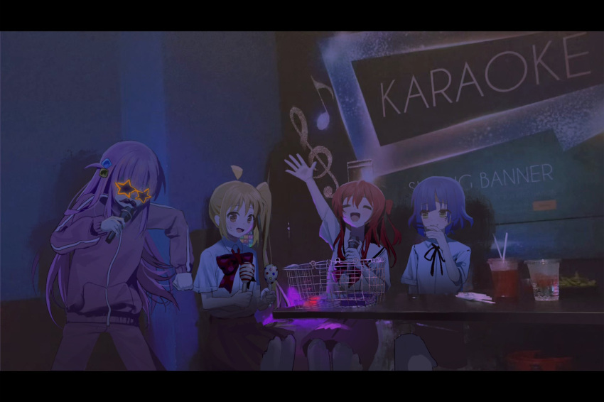 4girls, =_=, ahoge, arm_up, asymmetrical_sidelocks, black_ribbon, blue_hair, bocchi_the_rock!
