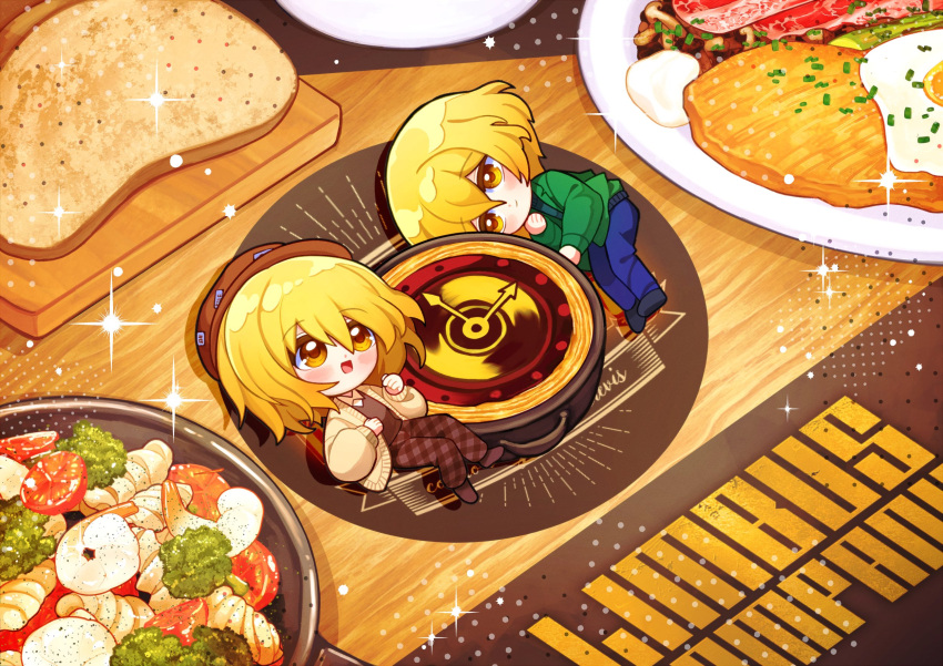 1boy, 1girl, black_footwear, blonde_hair, blue_pants, bread, brown_cardigan, brown_hat, brown_pants, cardigan, chibi, cutting_board, dante_(limbus_company), don_quixote_(project_moon), food, foodification, fried_egg, gredell_elle, green_jacket, hamhampangpang, hat, highres, jacket, lettuce, limbus_company, lying, mini_person, miniboy, minigirl, on_side, open_mouth, pants, pasta_salad, project_moon, rosti_(food), shoes, shrimp, sinclair_(project_moon), smile, tart_(food), tomato, yellow_eyes, zwei_association_(identity)_(project_moon)