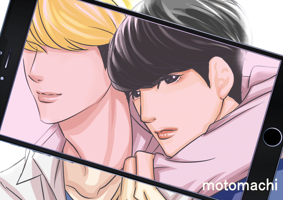 2boys, arm_around_neck, artist_name, black_eyes, black_hair, blonde_hair, cellphone_photo, hair_over_eyes